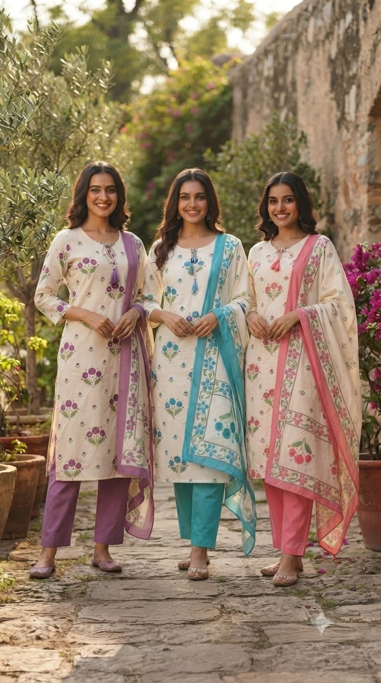 Cute Floral Motifs Watermark Look Tassel Accent Straight Cotton Full Suit Set With Dupatta- 15666