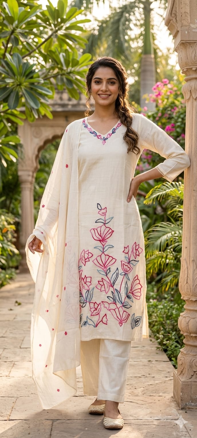 Floral Thread Embroidered Kora Cotton Full Suit Set With Dupatta- 14687