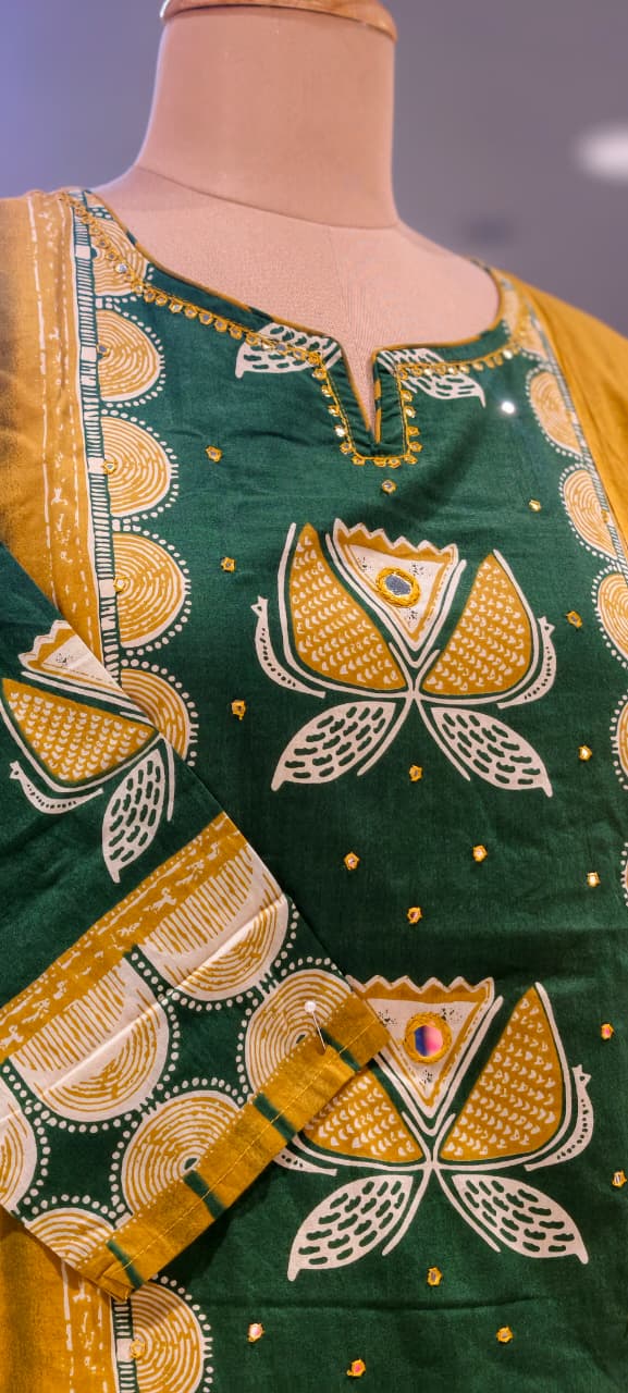 Heritage Floral Lotus Designer Cotton Kurti Pant with Dupatta Premium Suit Set –15680