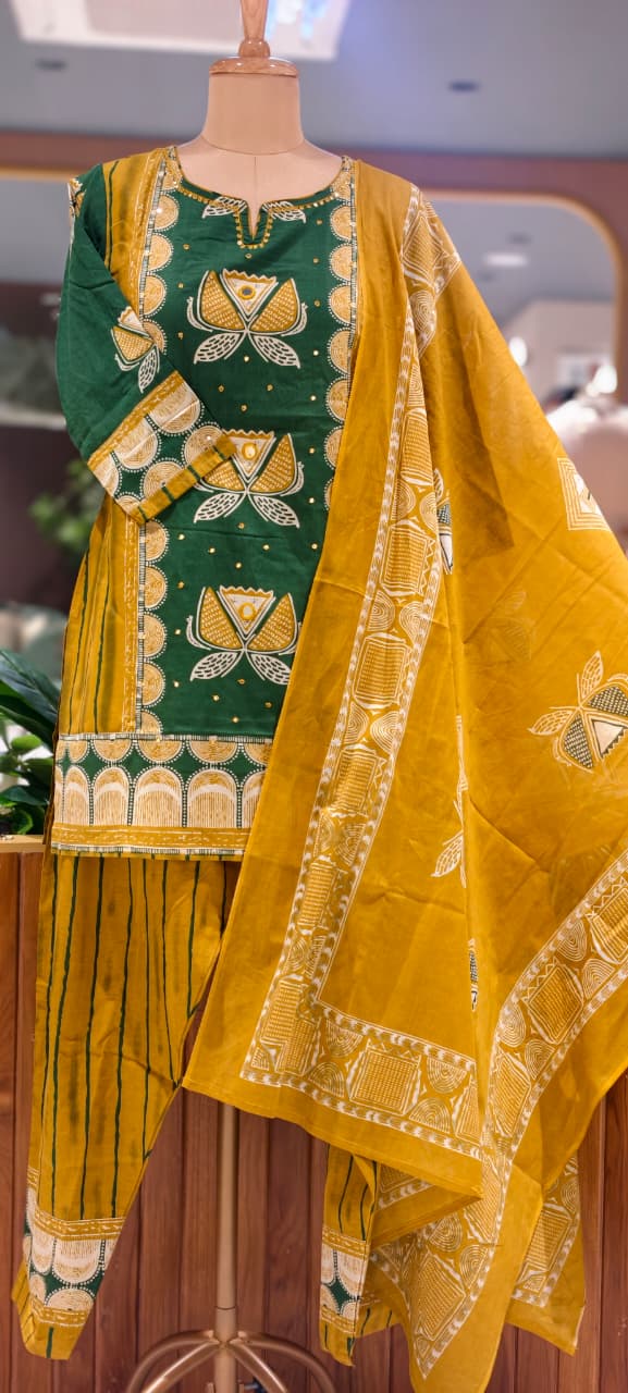 Heritage Floral Lotus Designer Cotton Kurti Pant with Dupatta Premium Suit Set –15680