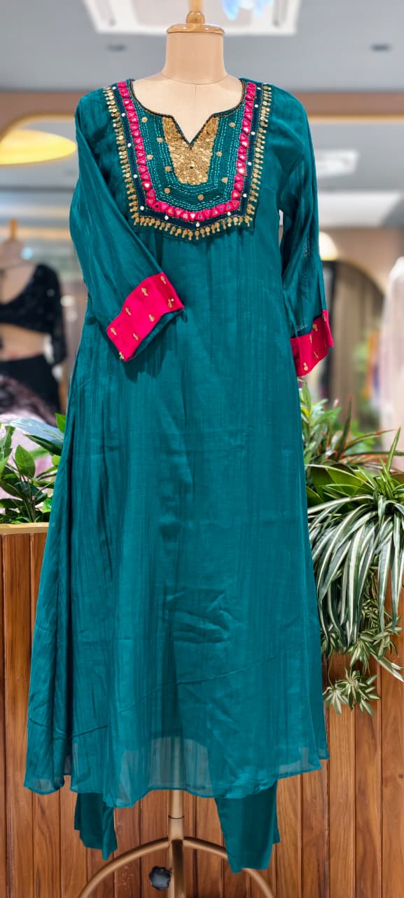 Contrasting Accents Embroidered A-Line Full Suit Set with Sequin-Work Yoke & Dupatta In Banarasi Mul Chanderi Fabric- 15704