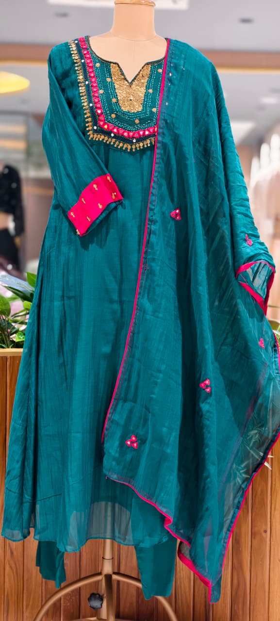 Contrasting Accents Embroidered A-Line Full Suit Set with Sequin-Work Yoke & Dupatta In Banarasi Mul Chanderi Fabric- 15704
