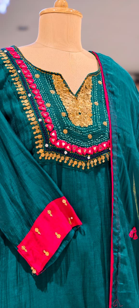Contrasting Accents Embroidered A-Line Full Suit Set with Sequin-Work Yoke & Dupatta In Banarasi Mul Chanderi Fabric- 15704