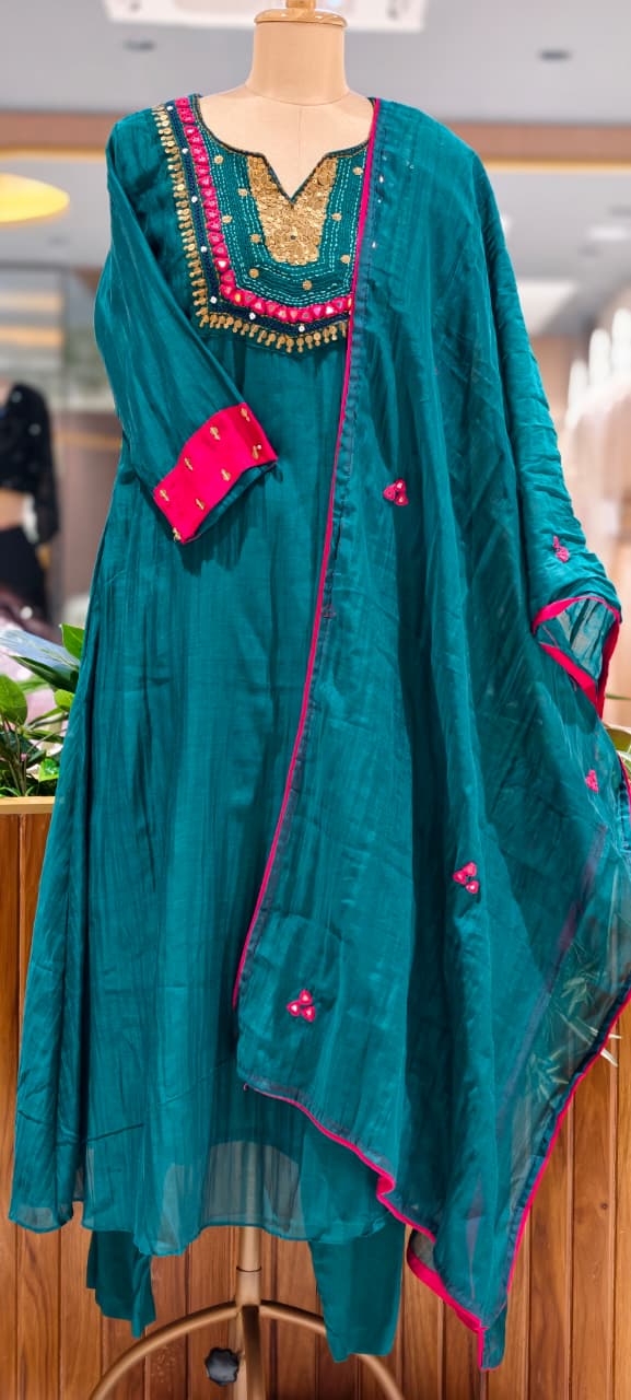 Contrasting Accents Embroidered A-Line Full Suit Set with Sequin-Work Yoke & Dupatta In Banarasi Mul Chanderi Fabric- 15704