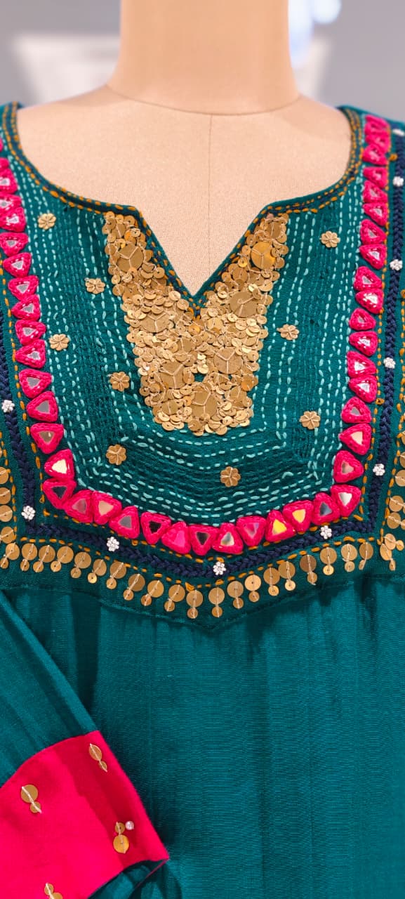 Contrasting Accents Embroidered A-Line Full Suit Set with Sequin-Work Yoke & Dupatta In Banarasi Mul Chanderi Fabric- 15704
