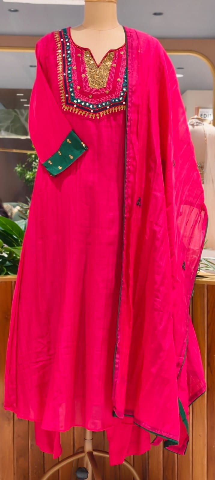 Contrasting Accents Embroidered A-Line Full Suit Set with Sequin-Work Yoke & Dupatta In Banarasi Mul Chanderi Fabric- 15704