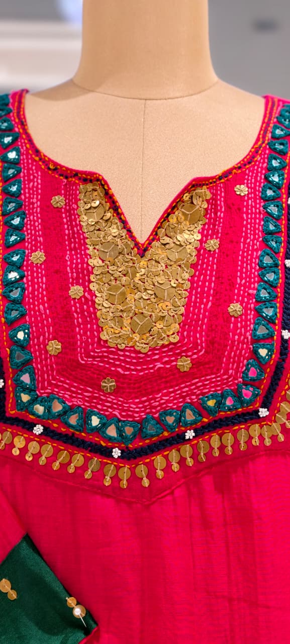 Contrasting Accents Embroidered A-Line Full Suit Set with Sequin-Work Yoke & Dupatta In Banarasi Mul Chanderi Fabric- 15704