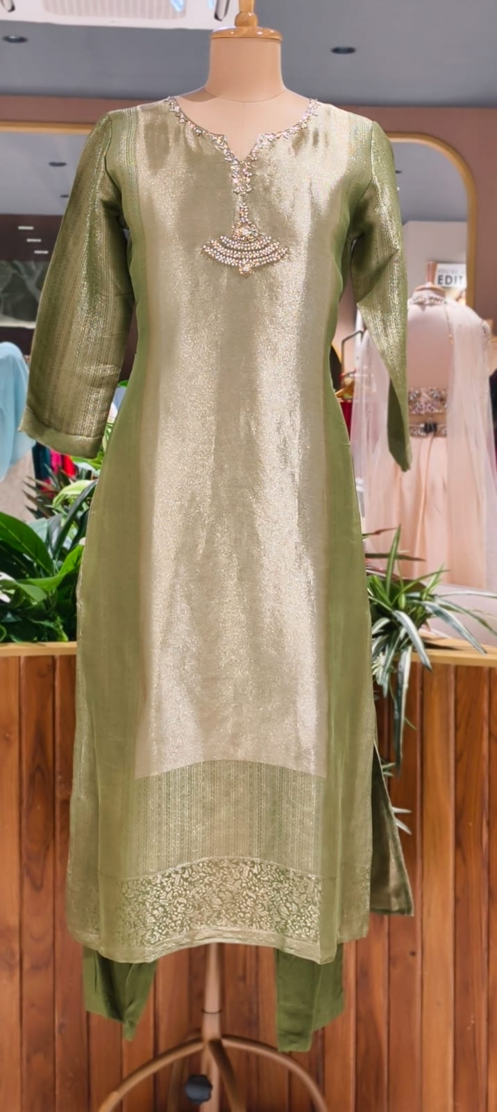 Premium Zebra Tissue Kundan Look Front Work Pastel Tone Full Suit Set With Dupatta- 15702