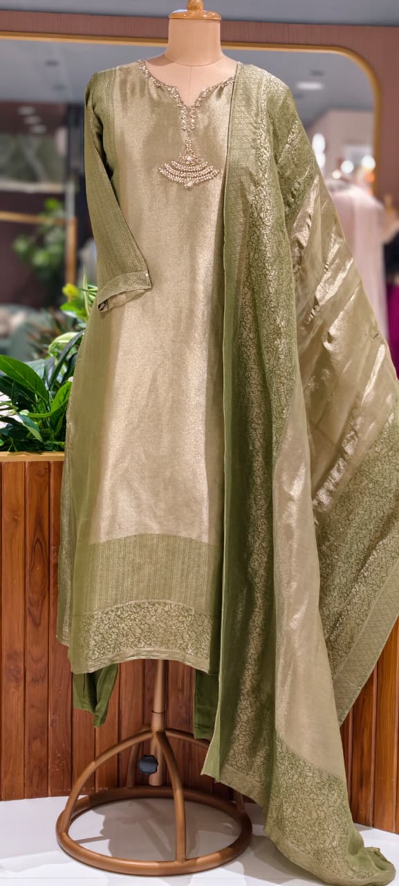 Premium Zebra Tissue Kundan Look Front Work Pastel Tone Full Suit Set With Dupatta- 15702