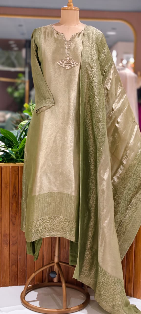 Premium Zebra Tissue Kundan Look Front Work Pastel Tone Full Suit Set With Dupatta- 15702