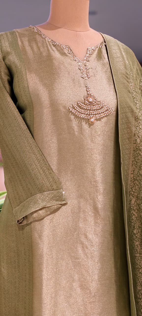 Premium Zebra Tissue Kundan Look Front Work Pastel Tone Full Suit Set With Dupatta- 15702