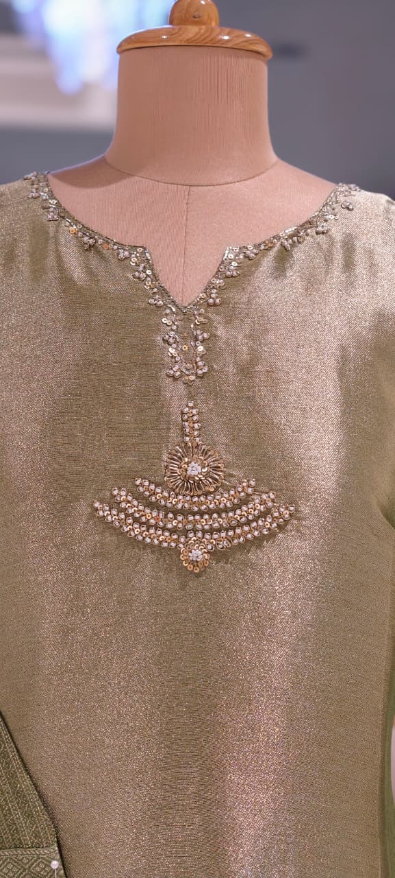Premium Zebra Tissue Kundan Look Front Work Pastel Tone Full Suit Set With Dupatta- 15702