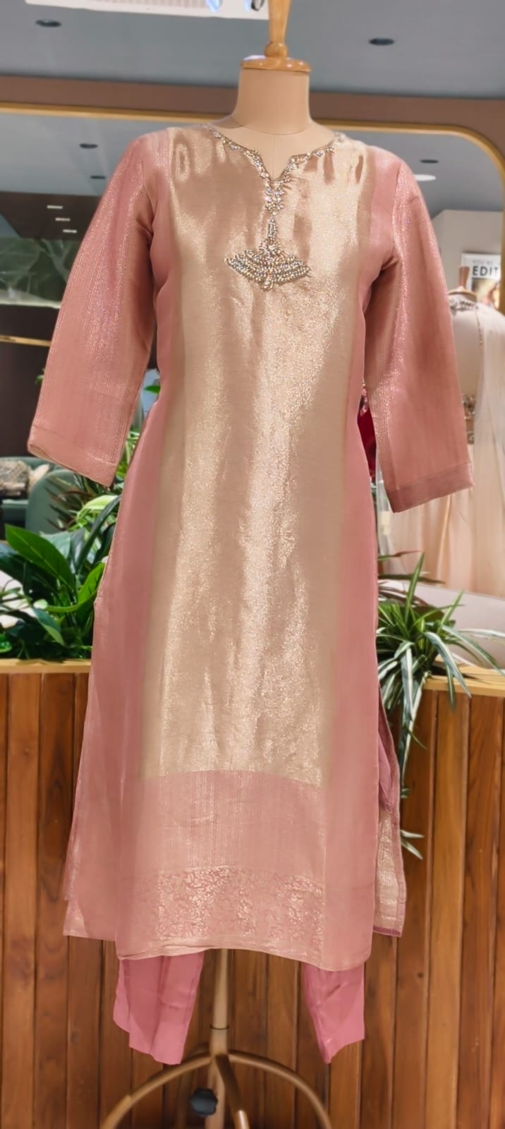 Premium Zebra Tissue Kundan Look Front Work Pastel Tone Full Suit Set With Dupatta- 15702