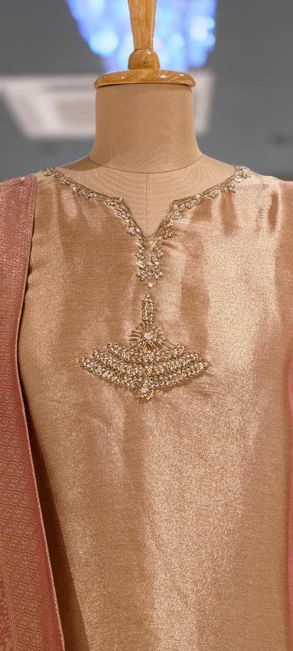 Premium Zebra Tissue Kundan Look Front Work Pastel Tone Full Suit Set With Dupatta- 15702