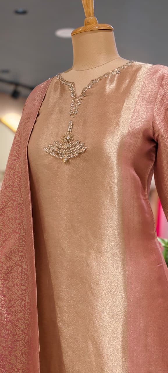 Premium Zebra Tissue Kundan Look Front Work Pastel Tone Full Suit Set With Dupatta- 15702