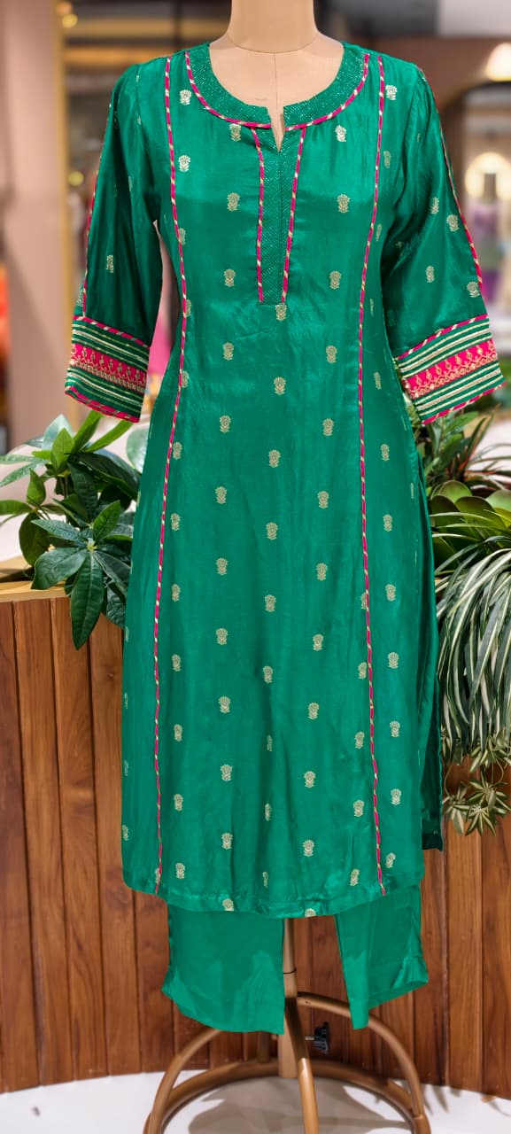 Traditional Silk Ethinc Kurta Pant Set With Pink & Golden Highlighted Pipings- 15535