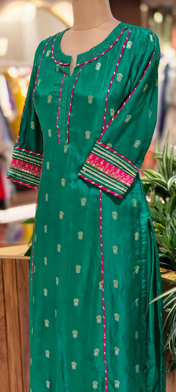 Traditional Silk Ethinc Kurta Pant Set With Pink & Golden Highlighted Pipings- 15535