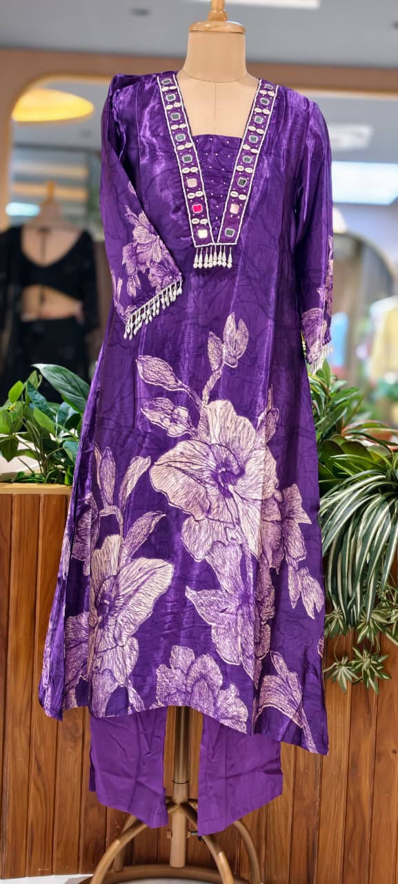 Flowy Gajji Silk Tassel Accent With Real Mirror & Kodi Detailing A-Line Kurta Pant Set- 15620