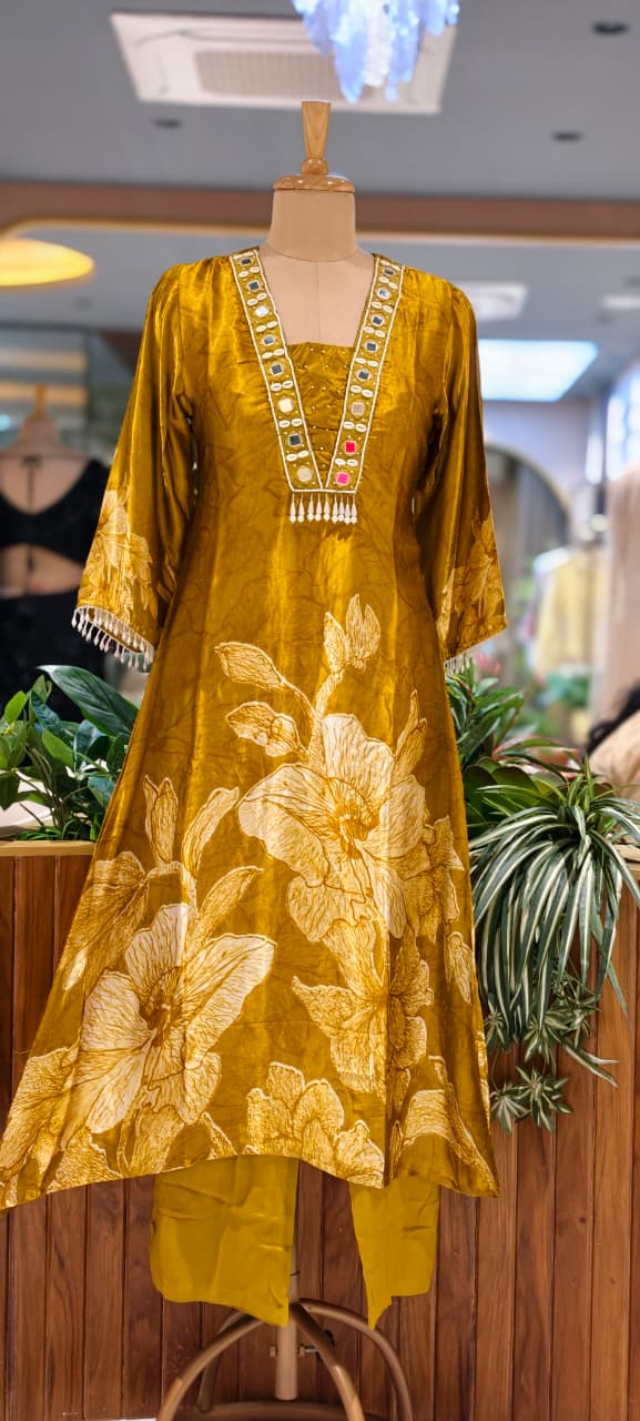 Flowy Gajji Silk Tassel Accent With Real Mirror & Kodi Detailing A-Line Kurta Pant Set- 15620