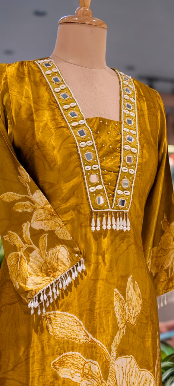 Flowy Gajji Silk Tassel Accent With Real Mirror & Kodi Detailing A-Line Kurta Pant Set- 15620