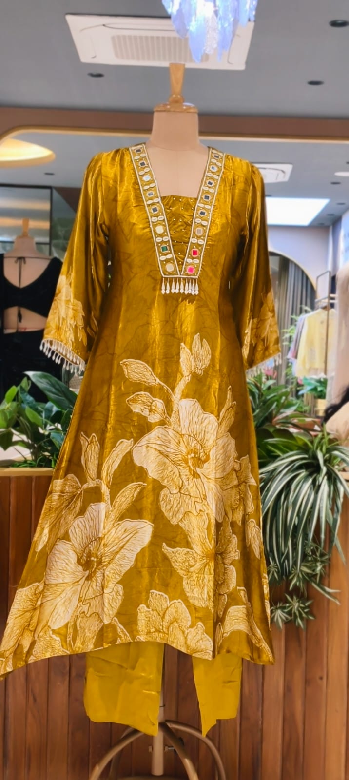 Flowy Gajji Silk Tassel Accent With Real Mirror & Kodi Detailing A-Line Kurta Pant Set- 15620