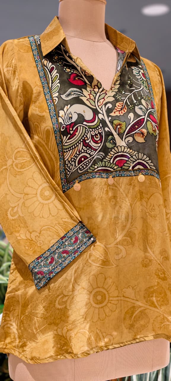Artisnal Peacock Printed Yoke Tasseled Flowy Crepe Shirt- 14534