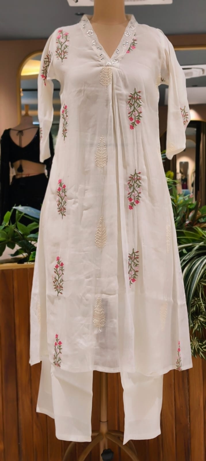 Fine Intricate Floral Embroidery Real Mirror Touch Pastel Shades Surat Mul-Chanderi A-Line Full Suit Set With Dupatta- 15679