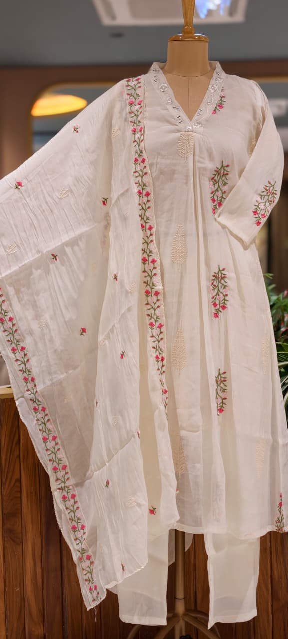 Fine Intricate Floral Embroidery Real Mirror Touch Pastel Shades Surat Mul-Chanderi A-Line Full Suit Set With Dupatta- 15679