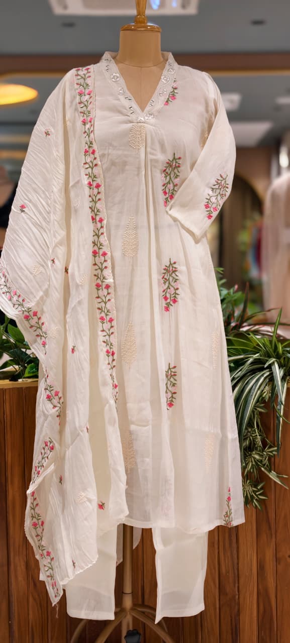 Fine Intricate Floral Embroidery Real Mirror Touch Pastel Shades Surat Mul-Chanderi A-Line Full Suit Set With Dupatta- 15679