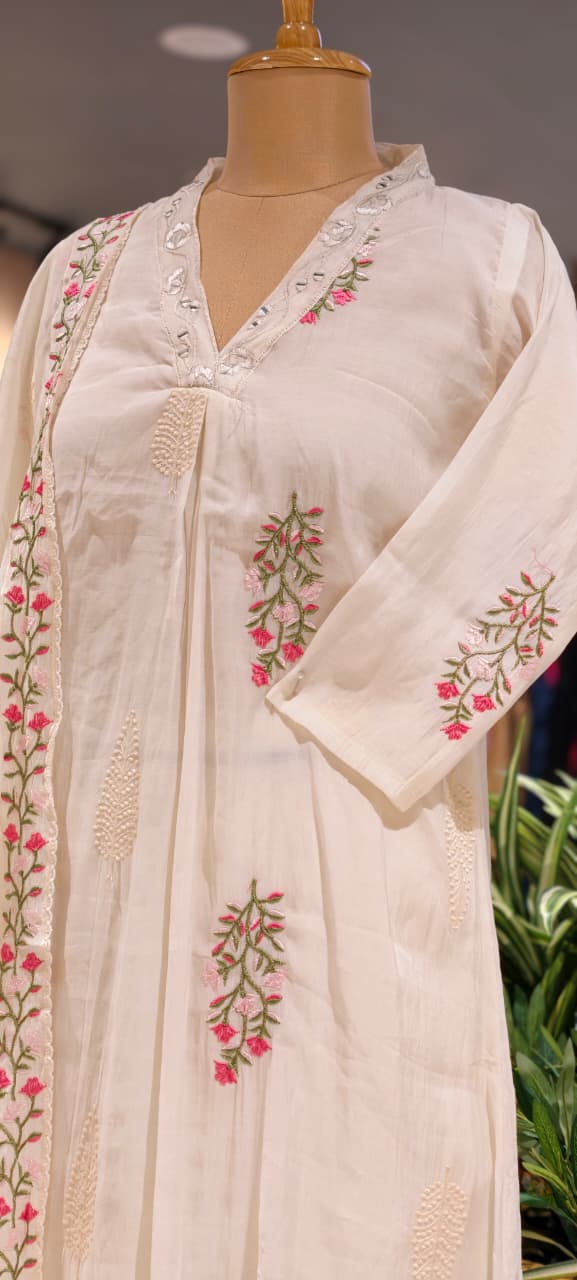 Fine Intricate Floral Embroidery Real Mirror Touch Pastel Shades Surat Mul-Chanderi A-Line Full Suit Set With Dupatta- 15679