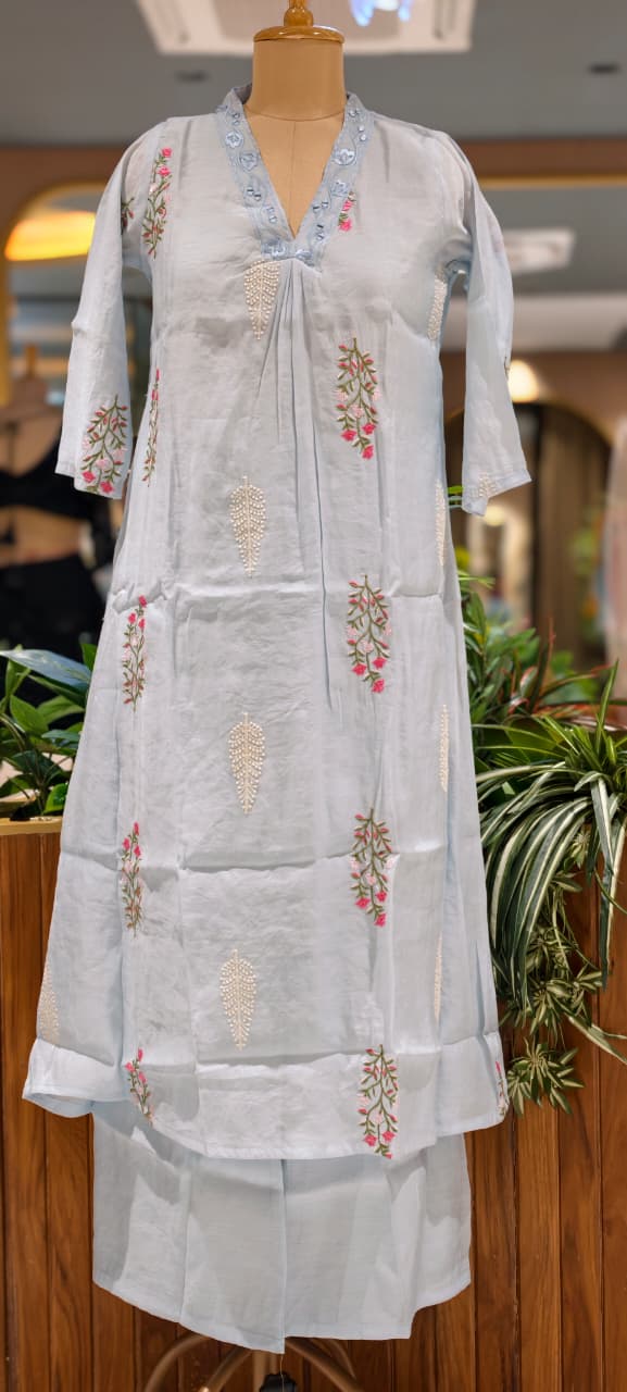 Fine Intricate Floral Embroidery Real Mirror Touch Pastel Shades Surat Mul-Chanderi A-Line Full Suit Set With Dupatta- 15679