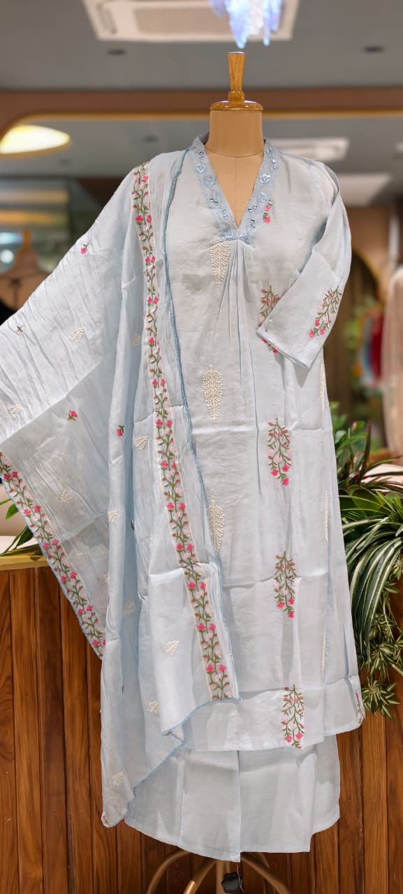 Fine Intricate Floral Embroidery Real Mirror Touch Pastel Shades Surat Mul-Chanderi A-Line Full Suit Set With Dupatta- 15679