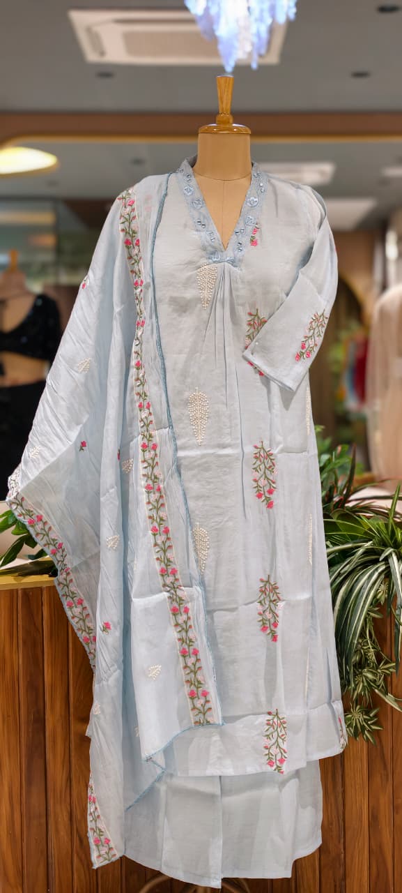 Fine Intricate Floral Embroidery Real Mirror Touch Pastel Shades Surat Mul-Chanderi A-Line Full Suit Set With Dupatta- 15679