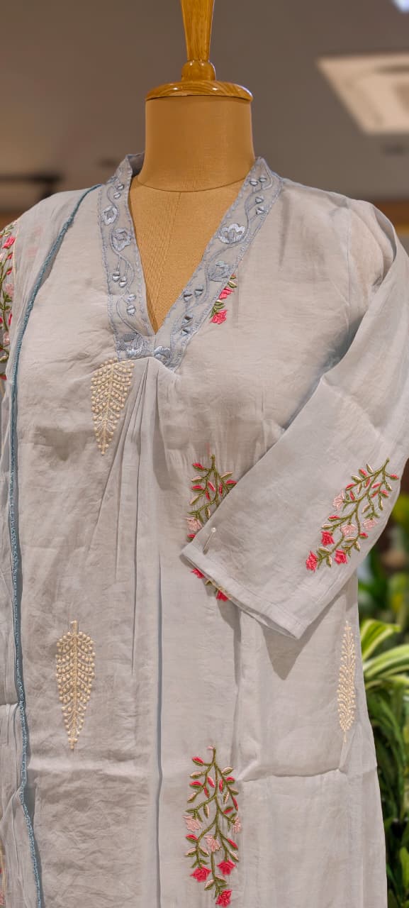 Fine Intricate Floral Embroidery Real Mirror Touch Pastel Shades Surat Mul-Chanderi A-Line Full Suit Set With Dupatta- 15679