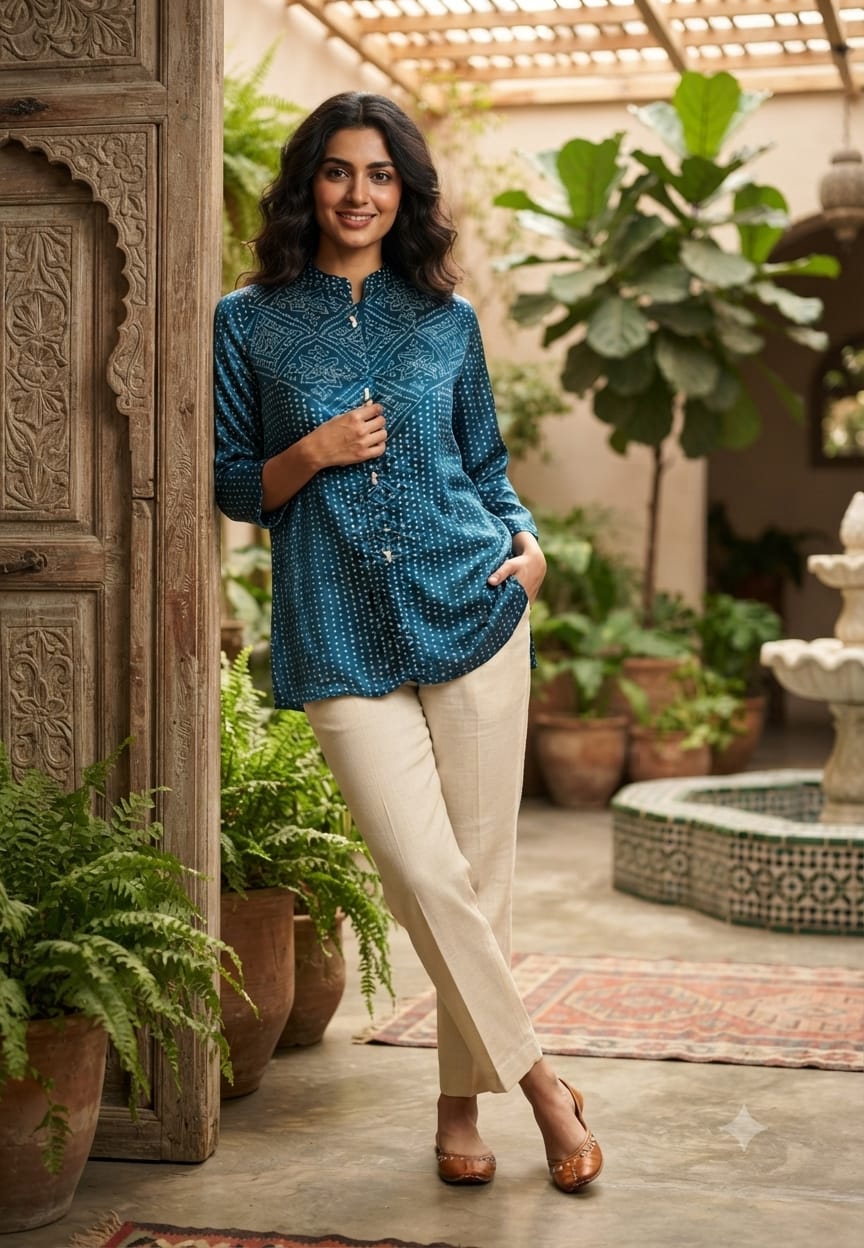 Festive Bandhani Print Very Flowy Casual Wear Crepe Shirt- 15634