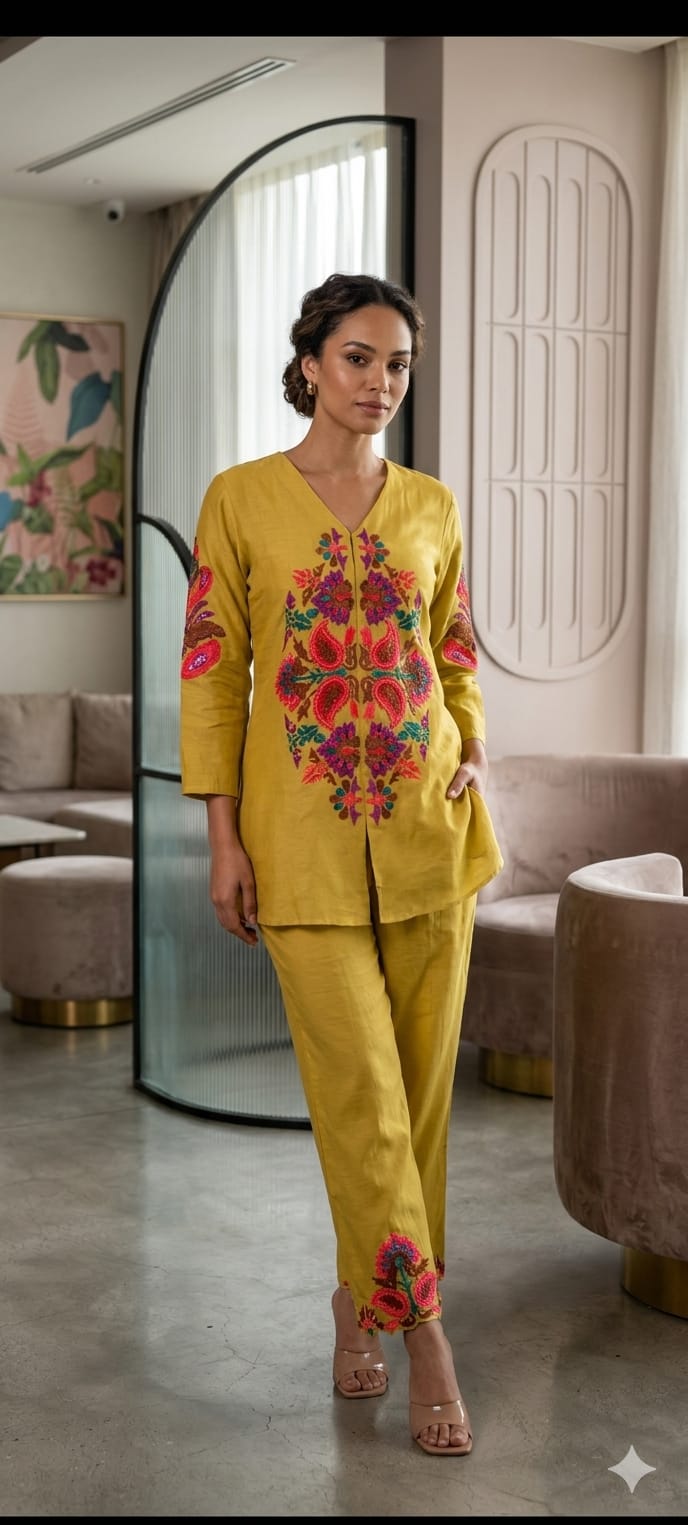 Fine Mossiac Floral Thread Embroidery Premium Comfort Premium Chanderi Co-Ord Set- 14931