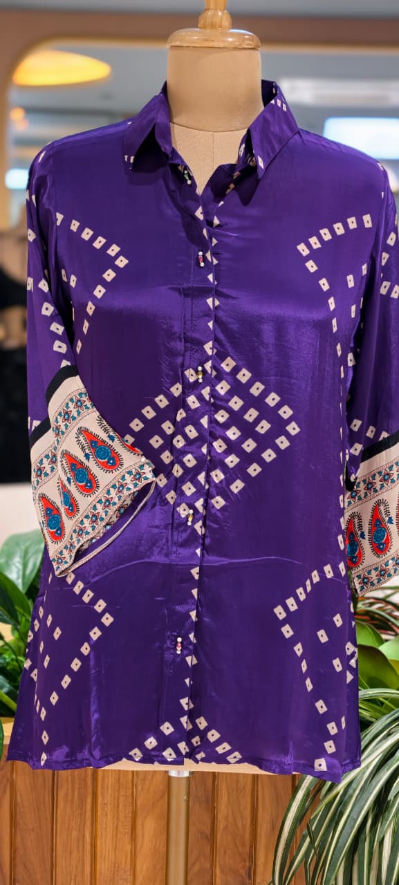 Bandhej With Mango Buti Prints On Sleeve Flowy Crepe Shirt- 15643