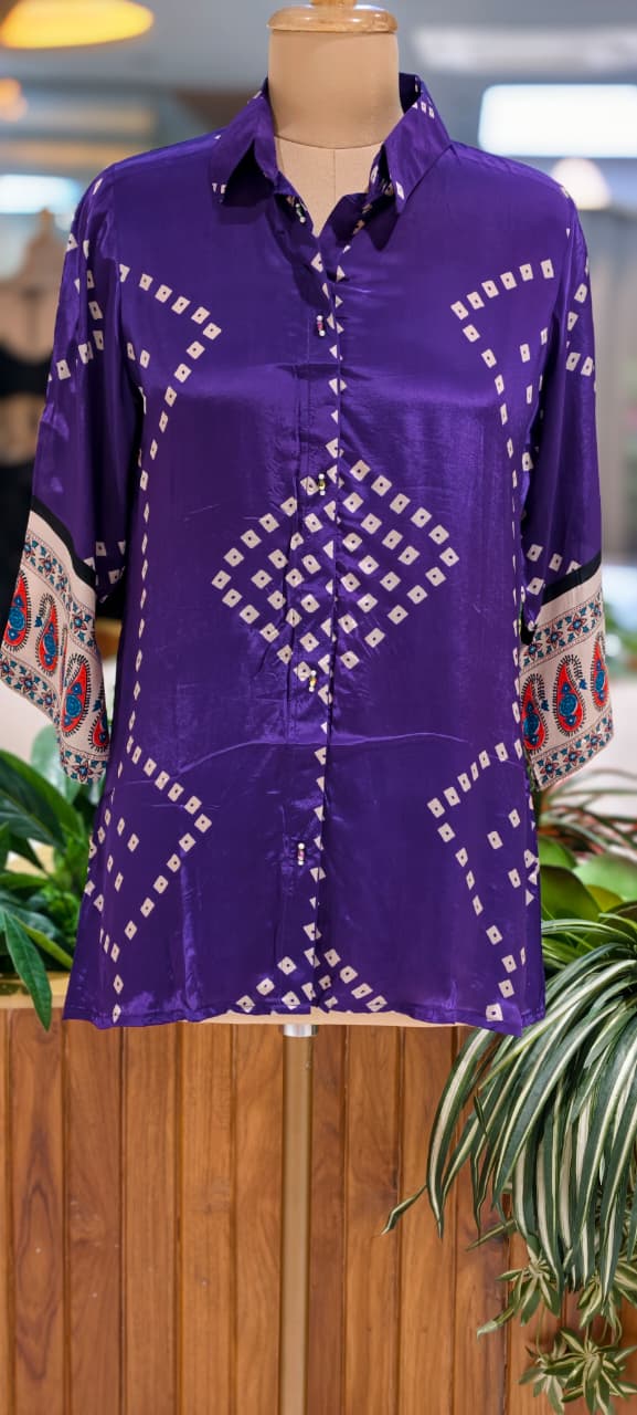 Bandhej With Mango Buti Prints On Sleeve Flowy Crepe Shirt- 15643