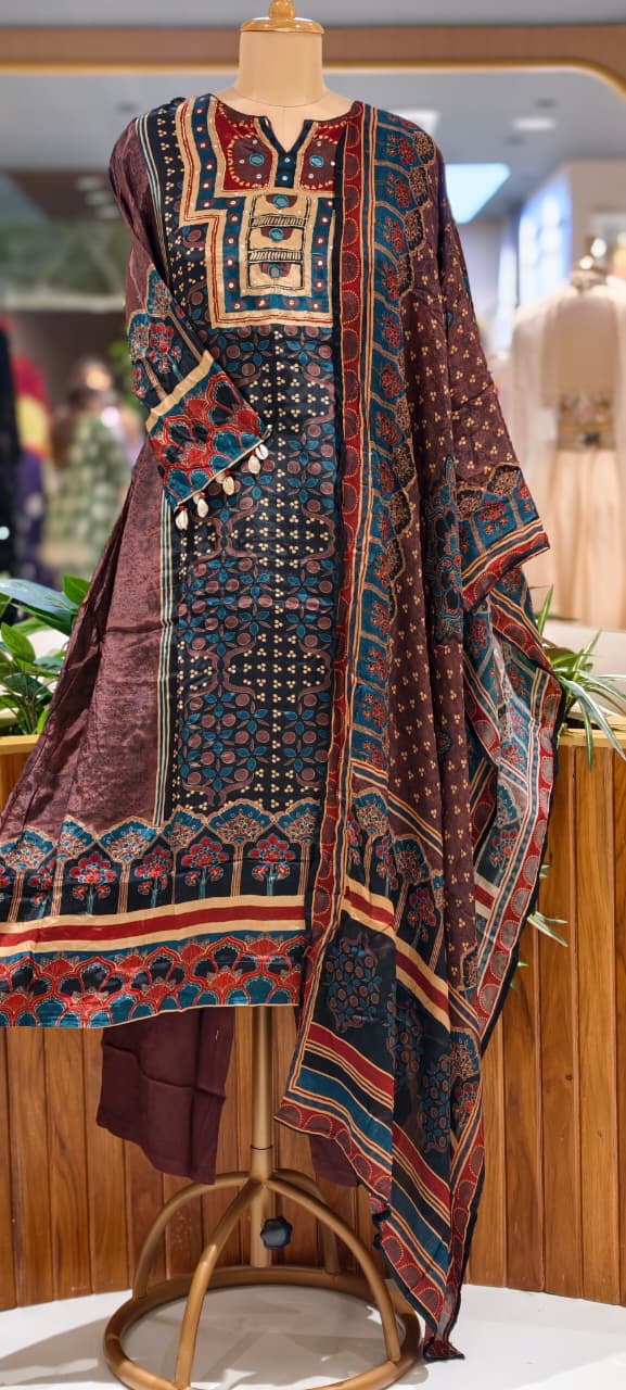 Bold Shades Ajrakh Print Real Mirror & Kodi Detailing Flowy Crepe A-Line Full Suit Set With Dupatta-  15264