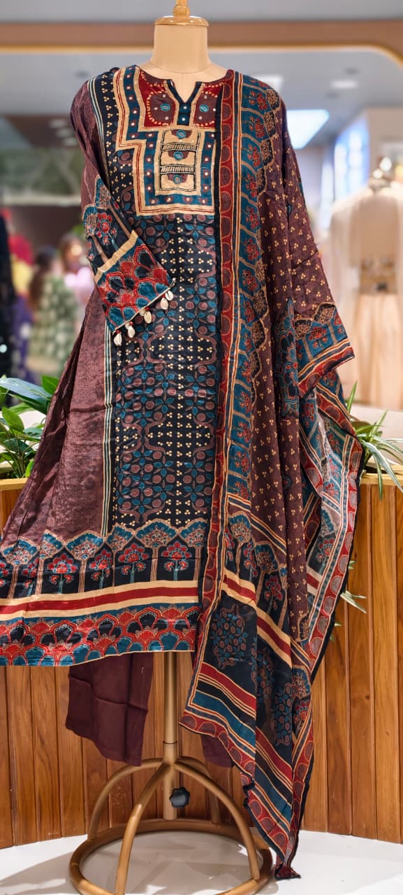 Bold Shades Ajrakh Print Real Mirror & Kodi Detailing Flowy Crepe A-Line Full Suit Set With Dupatta-  15264