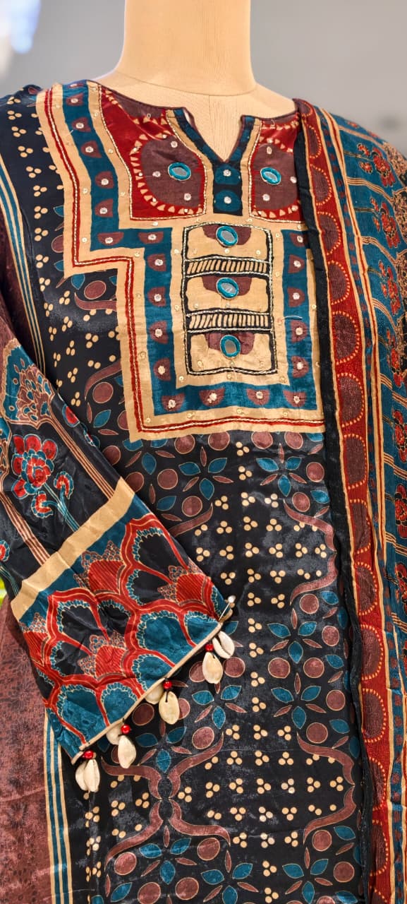 Bold Shades Ajrakh Print Real Mirror & Kodi Detailing Flowy Crepe A-Line Full Suit Set With Dupatta-  15264