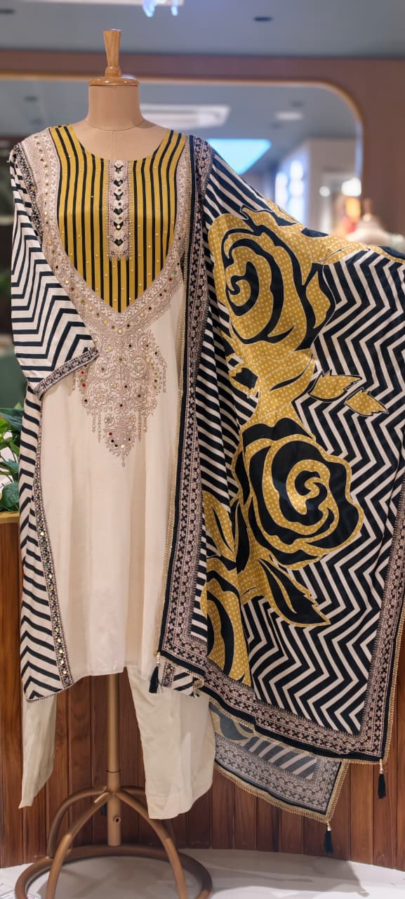 Black & Off-White Muslin Chevron Printed Mirror Work Embroidered Full Suit Set With Dupatta- 15742