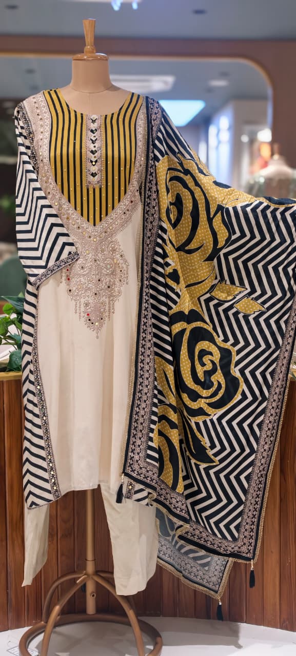 Black & Off-White Muslin Chevron Printed Mirror Work Embroidered Full Suit Set With Dupatta- 15742