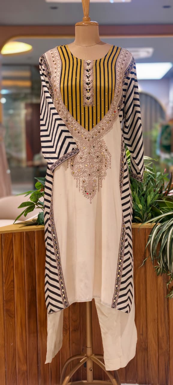 Black & Off-White Muslin Chevron Printed Mirror Work Embroidered Full Suit Set With Dupatta- 15742