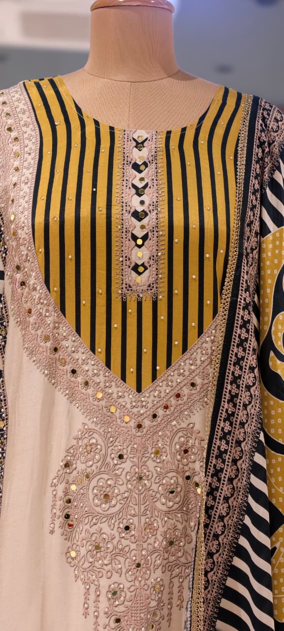 Black & Off-White Muslin Chevron Printed Mirror Work Embroidered Full Suit Set With Dupatta- 15742