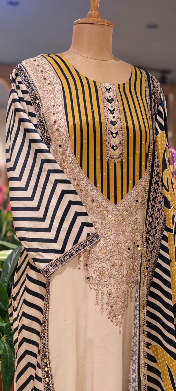 Black & Off-White Muslin Chevron Printed Mirror Work Embroidered Full Suit Set With Dupatta- 15742