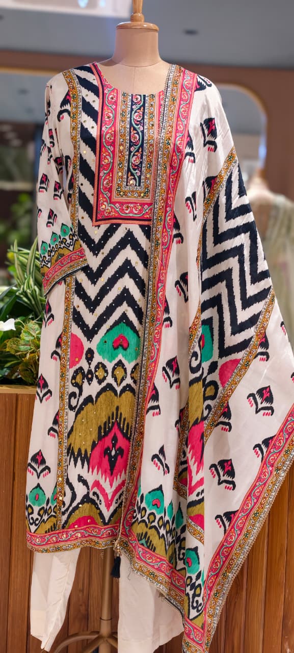 Multicolor Muslin Fabric Tribal Ikkat Motifs Straight Full Suit Set With Dupatta- 15740