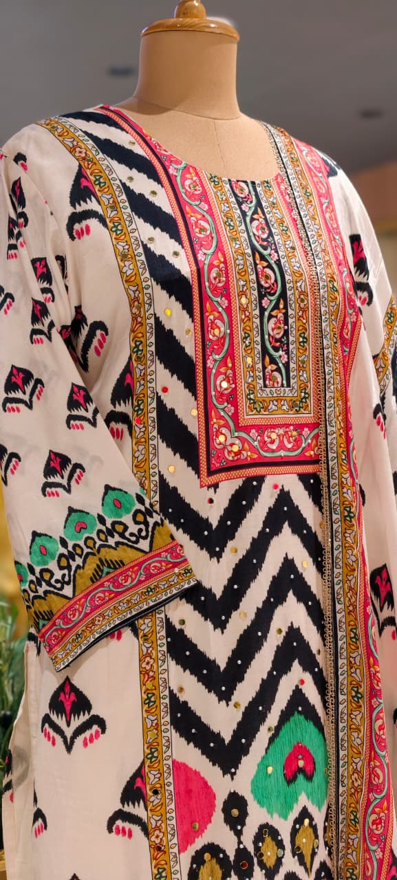 Multicolor Muslin Fabric Tribal Ikkat Motifs Straight Full Suit Set With Dupatta- 15740