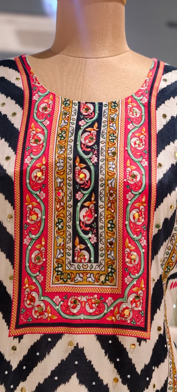 Multicolor Muslin Fabric Tribal Ikkat Motifs Straight Full Suit Set With Dupatta- 15740