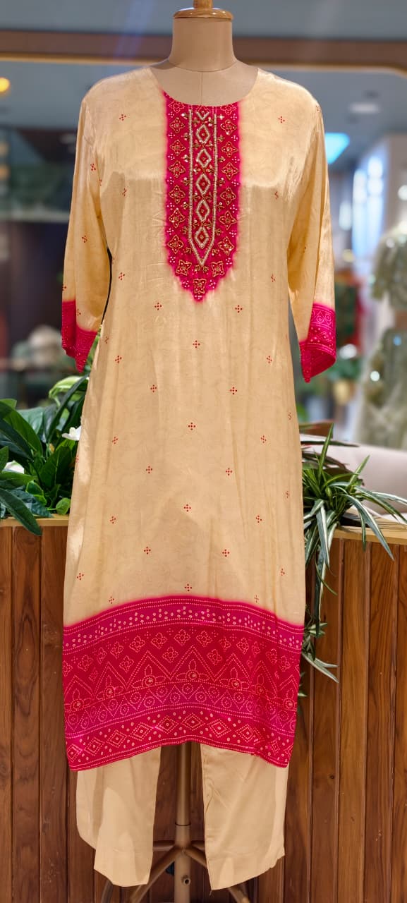 Vibrant Dual Tone Leheriya Bandhej Pure Crepe Full Suit Set With Dupatta- 15743